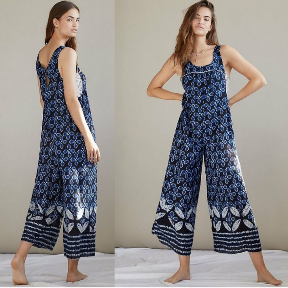 Anthropologie Bristol Wide Leg Shibori Tie Dye Blue Modal Jumpsuit Size Medium